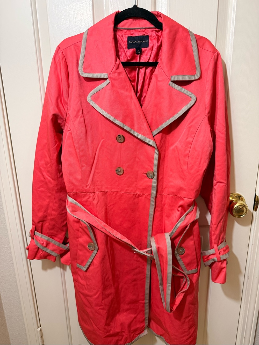 Banana Republic Coral Trench Coat with Light Gray Trim